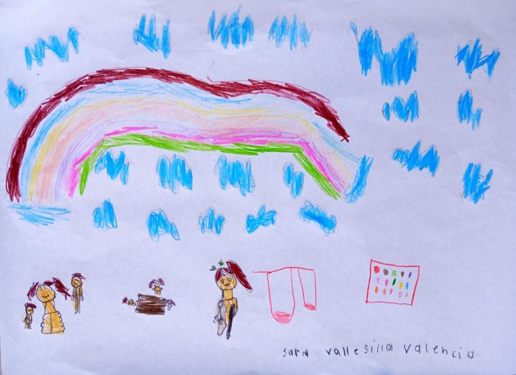 arco iris nubes y dibujos de personas.
