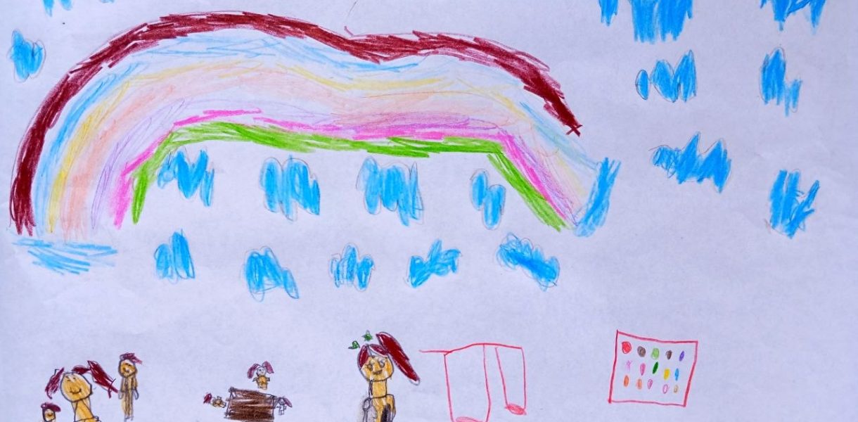 arco iris nubes y dibujos de personas.