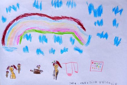 arco iris nubes y dibujos de personas.