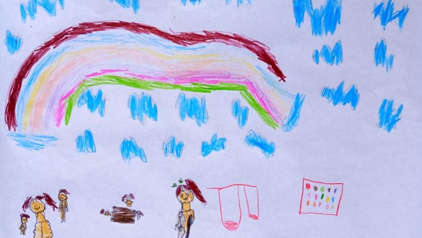 arco iris nubes y dibujos de personas.