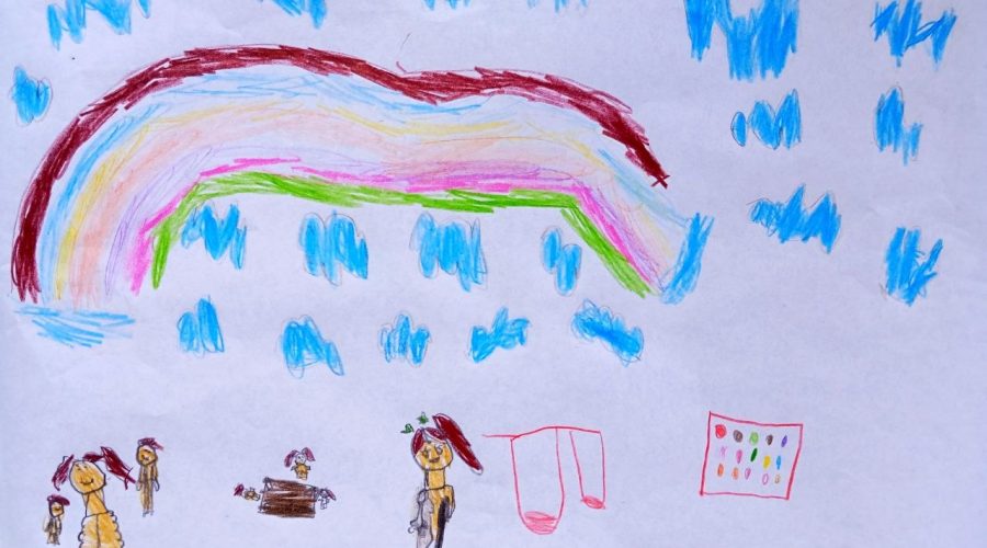 arco iris nubes y dibujos de personas.